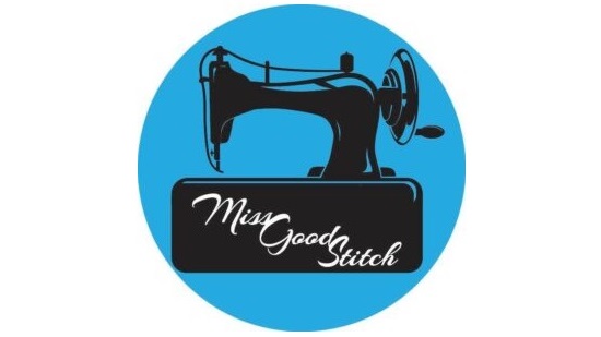 Miss Good Stitch blue logo with black sewing machine